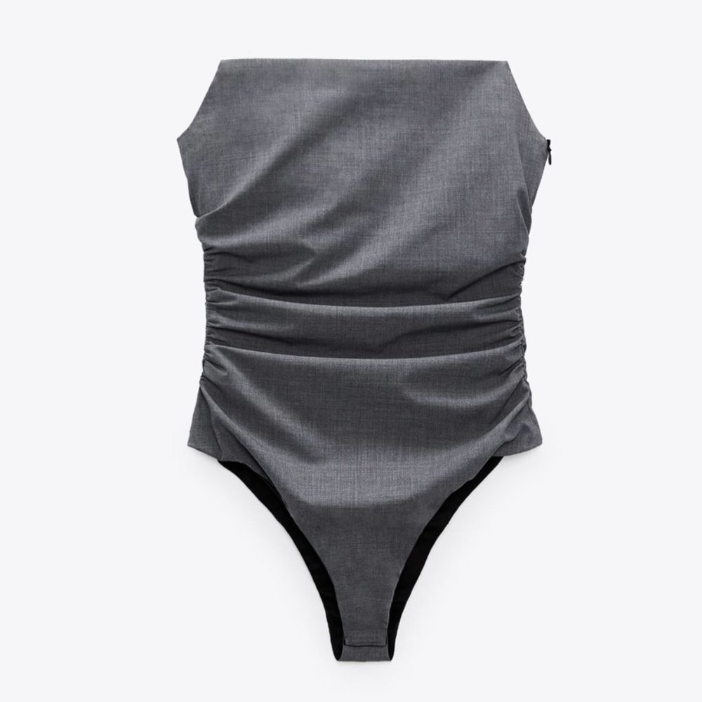 Grey Strapless Draped Bodysuit